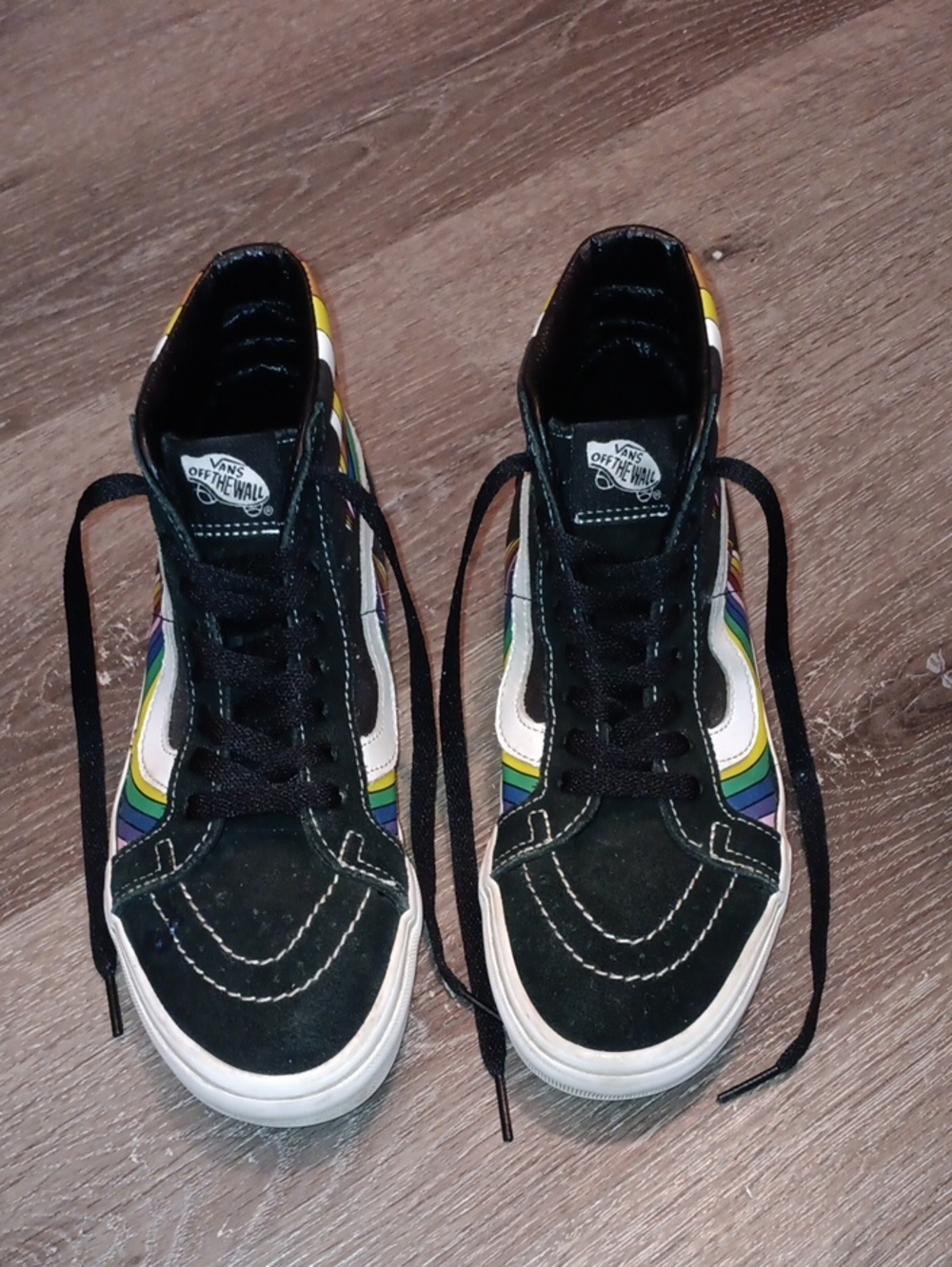 Vans High-Top Sneakers in Black with Rainbow Side Stripes
